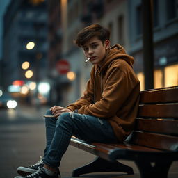 A solitary teenage boy sitting on a city street bench, casually smoking a cigarette