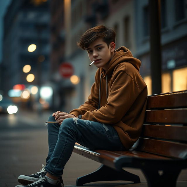 A solitary teenage boy sitting on a city street bench, casually smoking a cigarette