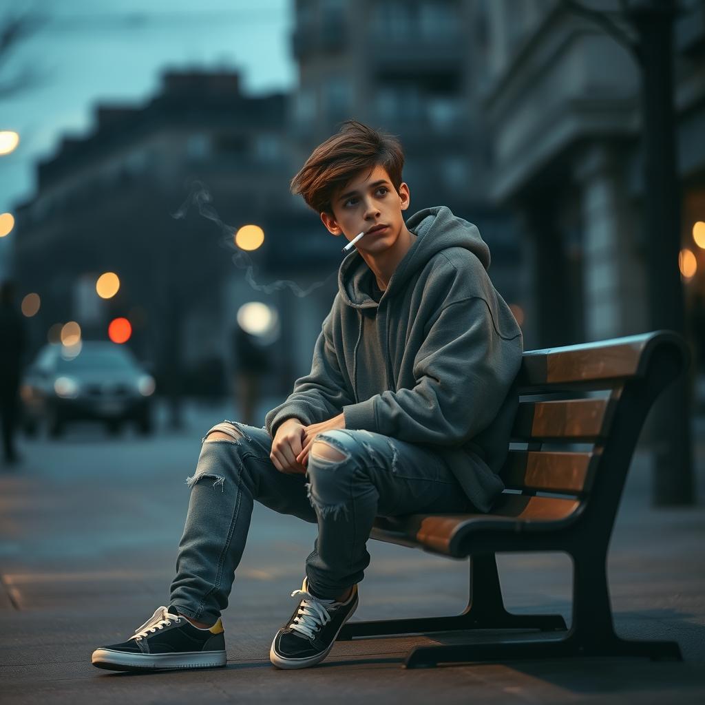 A solitary teenage boy sitting on a city street bench, casually smoking a cigarette