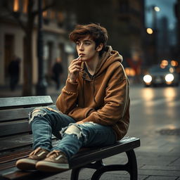 A solitary teenage boy sitting on a city street bench, casually smoking a cigarette