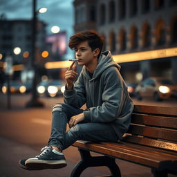 A solitary teenage boy sitting on a city street bench, casually smoking a cigarette