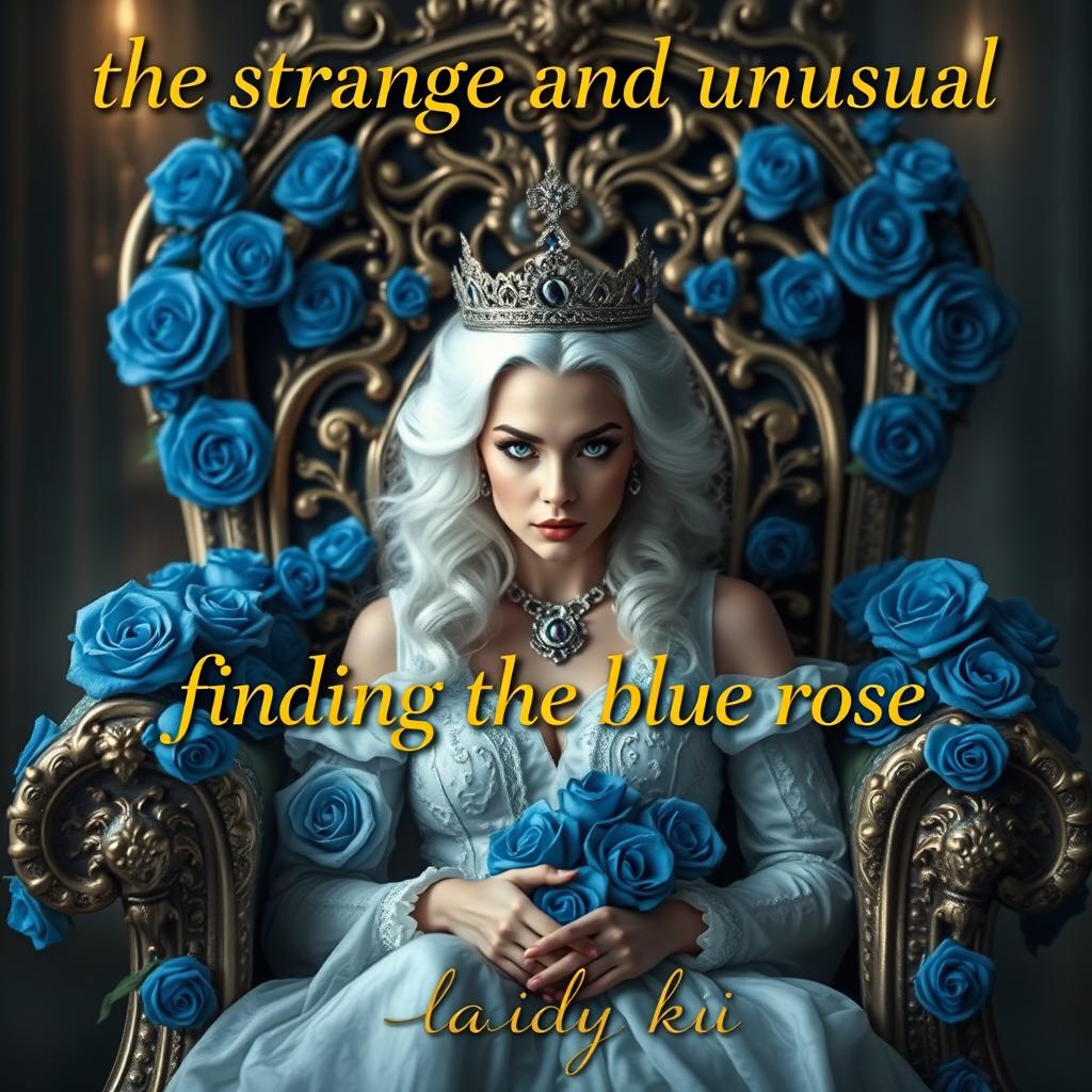 A beautiful queen with striking white hair and captivating blue eyes sitting elegantly on a luxurious throne adorned with intricate blue roses