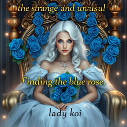 A beautiful queen with striking white hair and captivating blue eyes sitting elegantly on a luxurious throne adorned with intricate blue roses