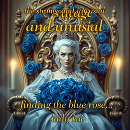 A beautiful queen with striking white hair and captivating blue eyes sitting elegantly on a luxurious throne adorned with intricate blue roses
