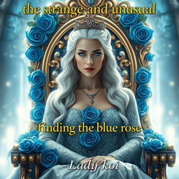 A beautiful queen with striking white hair and captivating blue eyes sitting elegantly on a luxurious throne adorned with intricate blue roses