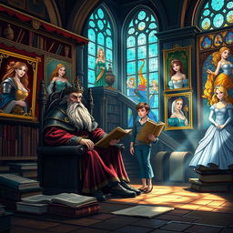 A regal scene in a castle library, featuring a wise king with a long, flowing beard seated on an ornate throne, telling tales to his attentive young son