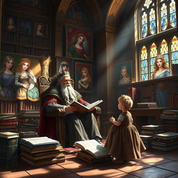 A regal scene in a castle library, featuring a wise king with a long, flowing beard seated on an ornate throne, telling tales to his attentive young son