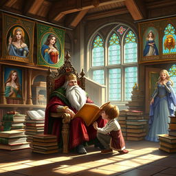 A regal scene in a castle library, featuring a wise king with a long, flowing beard seated on an ornate throne, telling tales to his attentive young son
