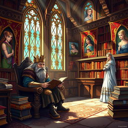 A regal scene in a castle library, featuring a wise king with a long, flowing beard seated on an ornate throne, telling tales to his attentive young son