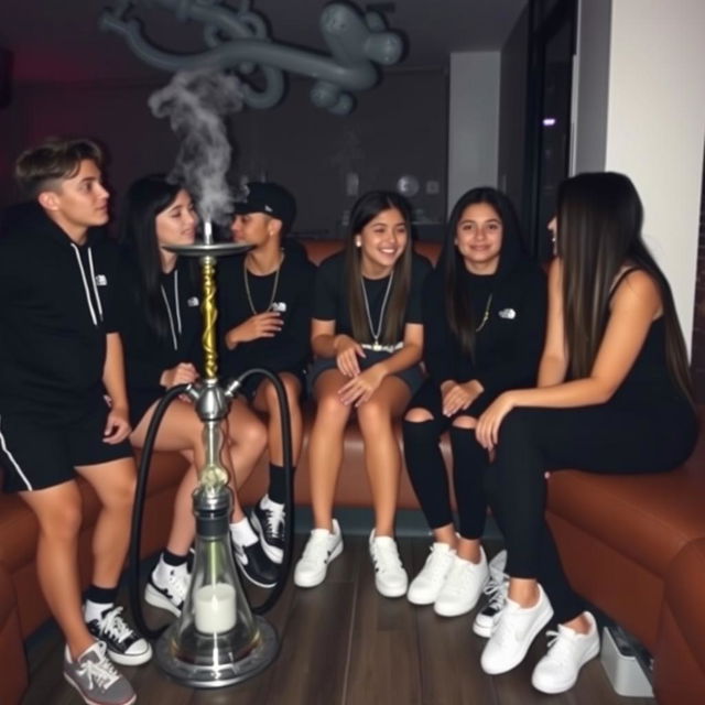 A group of young teenagers wearing stylish black outfits and white sneakers, gathered together in a cozy setting, enjoying smoking a hookah