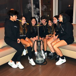 A group of young teenagers wearing stylish black outfits and white sneakers, gathered together in a cozy setting, enjoying smoking a hookah