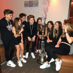 A group of young teenagers wearing stylish black outfits and white sneakers, gathered together in a cozy setting, enjoying smoking a hookah
