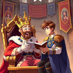 A regal scene depicting a king with a majestic crown, sitting on an ornate throne, enthusiastically explaining to a handsome brown-haired prince about various enchanting princesses from different kingdoms