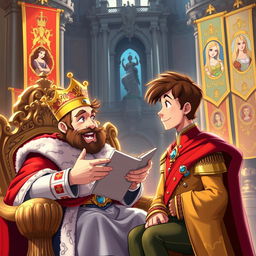A regal scene depicting a king with a majestic crown, sitting on an ornate throne, enthusiastically explaining to a handsome brown-haired prince about various enchanting princesses from different kingdoms