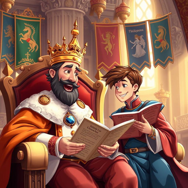 A regal scene depicting a king with a majestic crown, sitting on an ornate throne, enthusiastically explaining to a handsome brown-haired prince about various enchanting princesses from different kingdoms