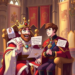 A regal scene depicting a king with a majestic crown, sitting on an ornate throne, enthusiastically explaining to a handsome brown-haired prince about various enchanting princesses from different kingdoms