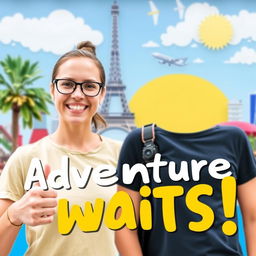 A vibrant and eye-catching vlog thumbnail featuring a happy content creator in front of a colorful background, showcasing elements of travel and adventure