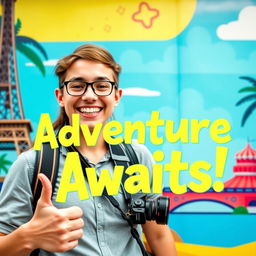 A vibrant and eye-catching vlog thumbnail featuring a happy content creator in front of a colorful background, showcasing elements of travel and adventure