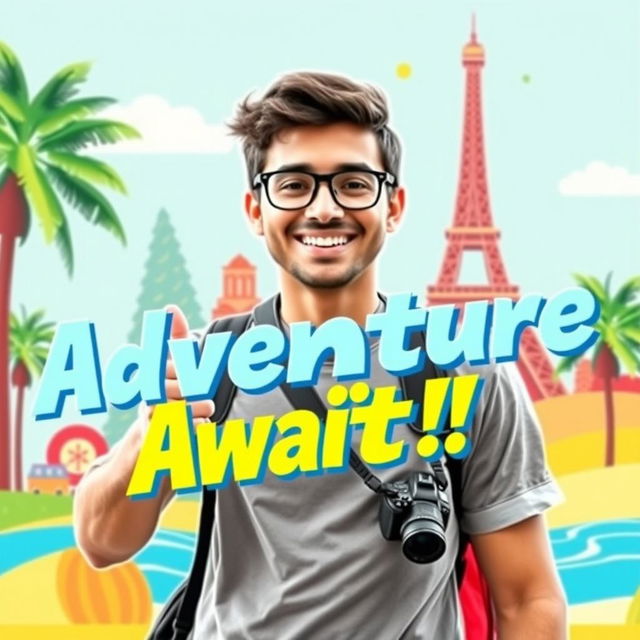 A vibrant and eye-catching vlog thumbnail featuring a happy content creator in front of a colorful background, showcasing elements of travel and adventure