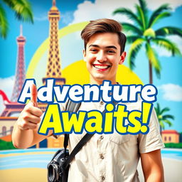 A vibrant and eye-catching vlog thumbnail featuring a happy content creator in front of a colorful background, showcasing elements of travel and adventure