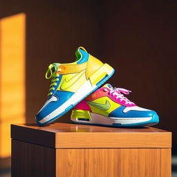 A stylish pair of sneakers showcased on a sleek wooden display