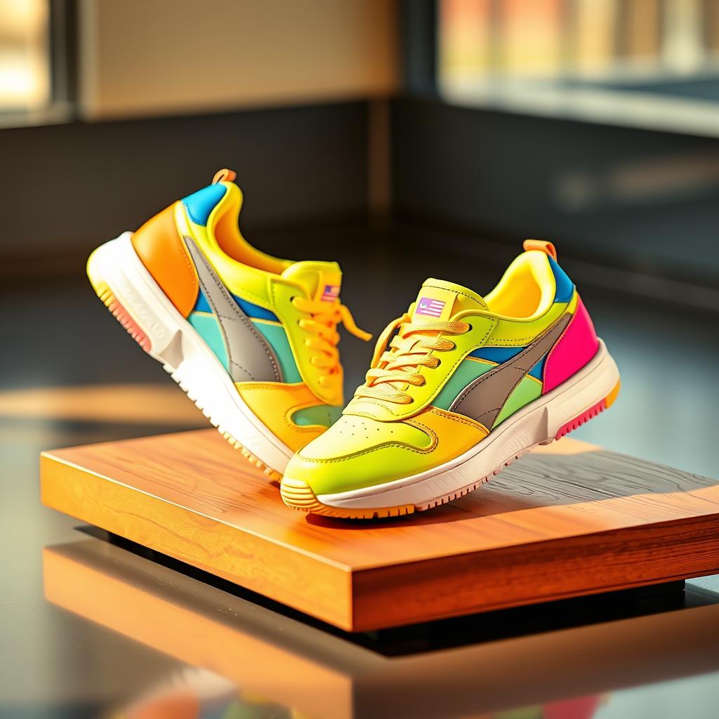 A stylish pair of sneakers showcased on a sleek wooden display