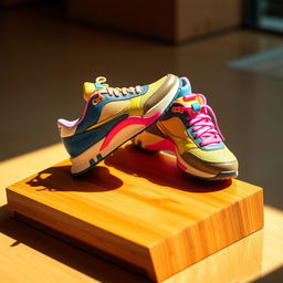A stylish pair of sneakers showcased on a sleek wooden display