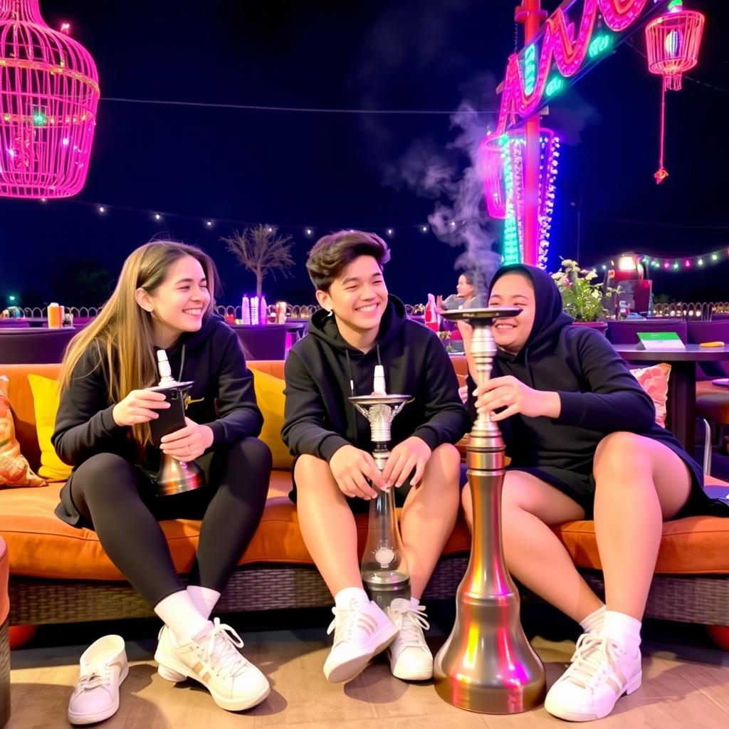 Three teenagers with black clothing and white shoes, sitting together and enjoying shisha (hookah) in a relaxed atmosphere