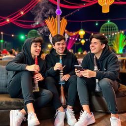 Three teenagers with black clothing and white shoes, sitting together and enjoying shisha (hookah) in a relaxed atmosphere