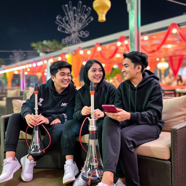 Three teenagers with black clothing and white shoes, sitting together and enjoying shisha (hookah) in a relaxed atmosphere