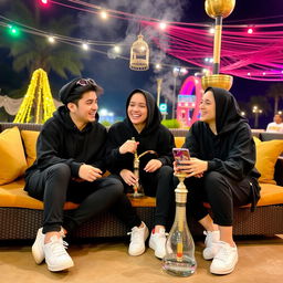 Three teenagers with black clothing and white shoes, sitting together and enjoying shisha (hookah) in a relaxed atmosphere