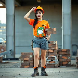 A beautiful Korean woman working as a construction worker, wearing an orange t-shirt with a frog graphic and the letters G,G, paired with shorts and sturdy boots