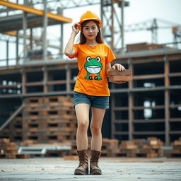 A beautiful Korean woman working as a construction worker, wearing an orange t-shirt with a frog graphic and the letters G,G, paired with shorts and sturdy boots