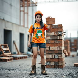 A beautiful Korean woman working as a construction worker, wearing an orange t-shirt with a frog graphic and the letters G,G, paired with shorts and sturdy boots