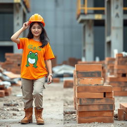 A beautiful Korean woman working as a construction worker, wearing an orange t-shirt with a frog graphic and the letters G,G, paired with shorts and sturdy boots