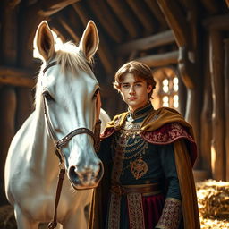 A brown-haired prince in a splendid medieval stable, surrounded by rustic wooden beams and hay