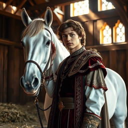 A brown-haired prince in a splendid medieval stable, surrounded by rustic wooden beams and hay