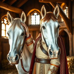 A brown-haired prince in a splendid medieval stable, surrounded by rustic wooden beams and hay