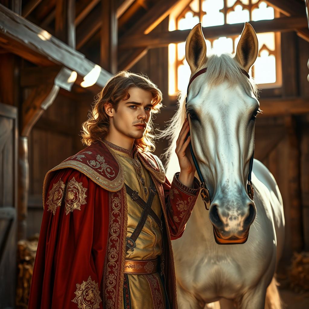 A brown-haired prince in a splendid medieval stable, surrounded by rustic wooden beams and hay