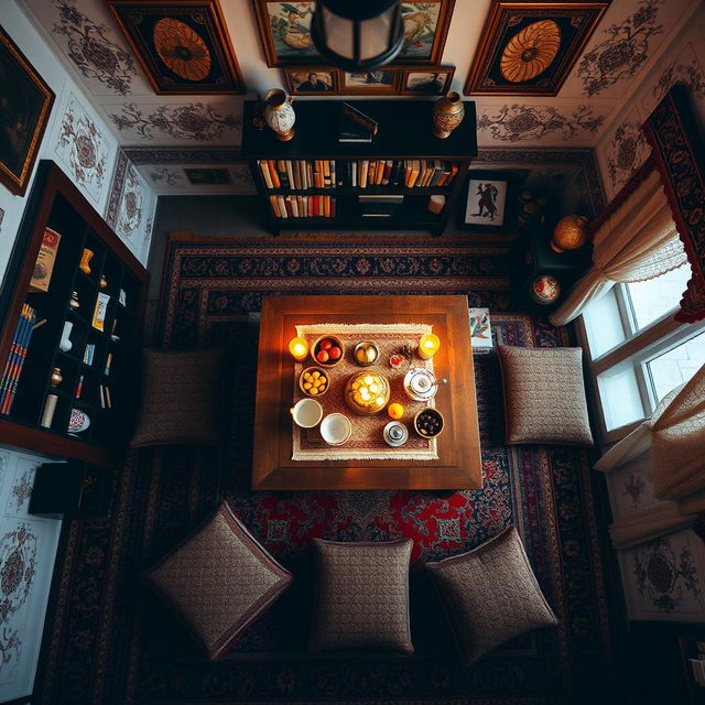 A traditional Iranian room in a grandmother's house, viewed from a top-down perspective like from the roof