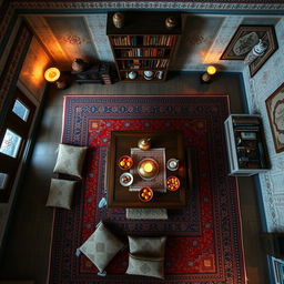 A traditional Iranian room in a grandmother's house, viewed from a top-down perspective like from the roof