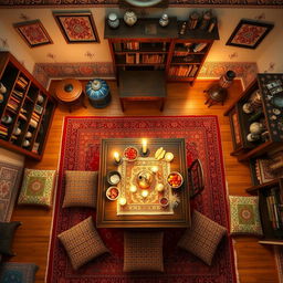 A traditional Iranian room in a grandmother's house, viewed from a top-down perspective like from the roof