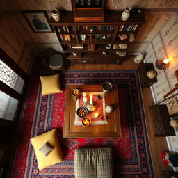 A traditional Iranian room in a grandmother's house, viewed from a top-down perspective like from the roof