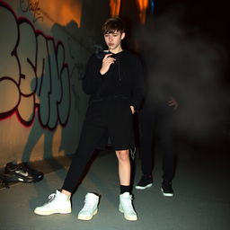 A young teenager dressed in black clothing and white sneakers, casually smoking a cigarette with two indistinct friends whose faces are not visible