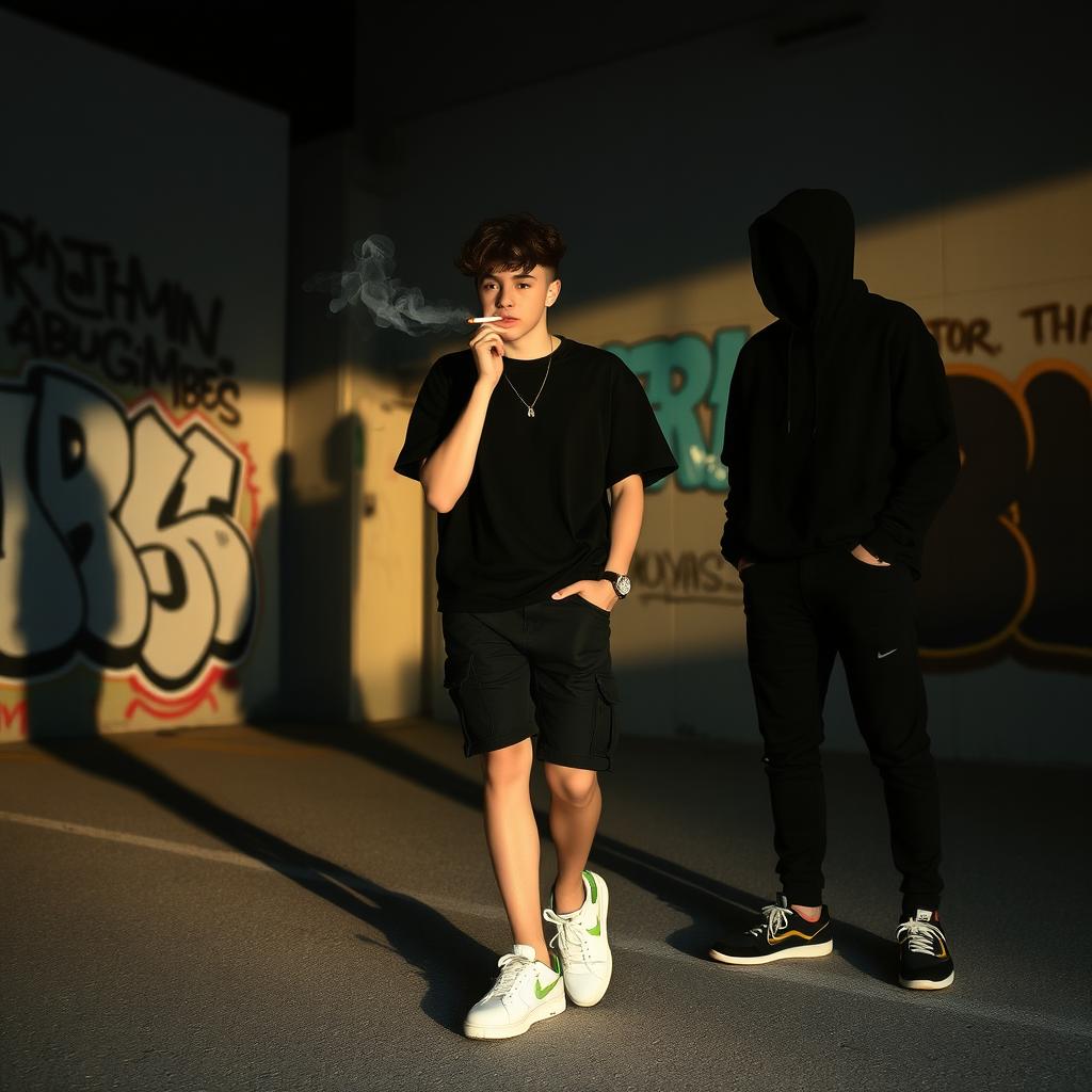 A young teenager dressed in black clothing and white sneakers, casually smoking a cigarette with two indistinct friends whose faces are not visible