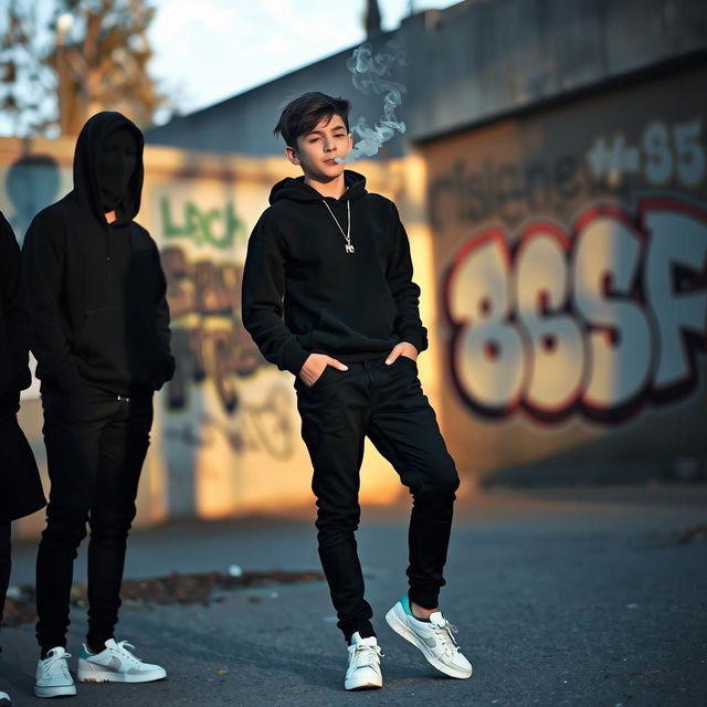 A young teenager dressed in black clothing and white sneakers, casually smoking a cigarette with two indistinct friends whose faces are not visible