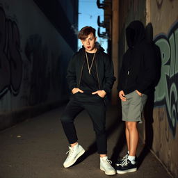 A young teenager dressed in black clothing and white sneakers, casually smoking a cigarette with two indistinct friends whose faces are not visible