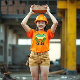 A beautiful Korean woman working as a construction worker, wearing an orange t-shirt featuring a frog design with the letters G, G, paired with shorts and work boots