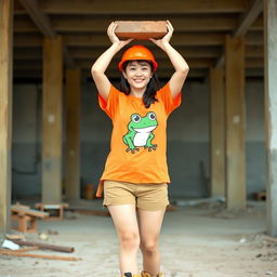 A beautiful Korean woman working as a construction worker, wearing an orange t-shirt featuring a frog design with the letters G, G, paired with shorts and work boots