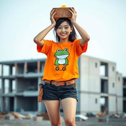 A beautiful Korean woman working as a construction worker, wearing an orange t-shirt featuring a frog design with the letters G, G, paired with shorts and work boots